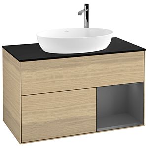 Villeroy und Boch Finion Waschtischunterschrank G902GKPC 100cm, Abdeckplatte black matt, Emotion, Regale Anthracite matt lacquer, Oak Veneer