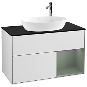 Villeroy et Boch Finion Villeroy et Boch G902GMMT 100cm, plaque de recouvrement noir mat, Emotion, étagères laqué olive mat, laqué blanc mat