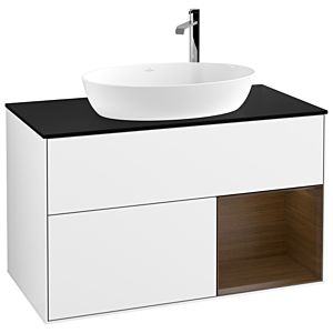 Villeroy und Boch Finion Waschtischunterschrank G902GNGF 100cm, Abdeckplatte black matt, Emotion, Regale Walnut Veneer, Glossy white lacquer
