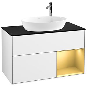 Villeroy und Boch Finion Waschtischunterschrank G902HFGF 100cm, Abdeckplatte black matt, Emotion, Regale Gold matt lacquer, Glossy white lacquer