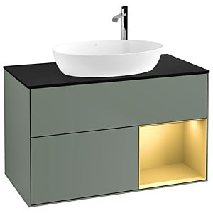 Villeroy und Boch Finion Waschtischunterschrank G902HFGM 100cm, Abdeckplatte black matt, Emotion, Regale Gold matt lacquer, Olive Matt Lacquer