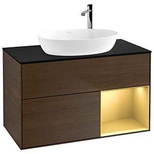 Villeroy and Boch Finion Villeroy and Boch Finion G902HFGN 100cm, cover plate black matt, Emotion, shelves gold matt lacquer, walnut veneer
