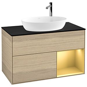 Villeroy und Boch Finion Waschtischunterschrank G902HFPC 100cm, Abdeckplatte black matt, Emotion, Regale Gold matt lacquer, Oak Veneer