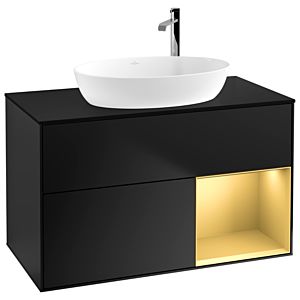 Villeroy et Boch Finion Villeroy et Boch G902HFPD 100cm, plaque de recouvrement noir mat, Emotion, étagères laqué or mat, laqué noir mat