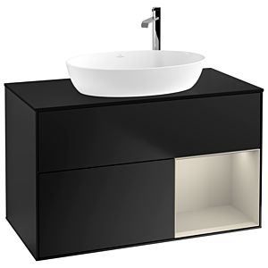 Villeroy und Boch Finion Waschtischunterschrank G902HHPD 100cm, Abdeckplatte black matt, Emotion, Regale sand matt lacquer, Black matt lacquer