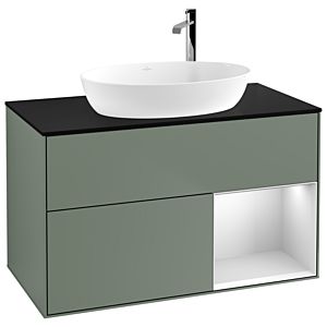 Villeroy und Boch Finion Waschtischunterschrank G902MTGM 100cm, Abdeckplatte black matt, Emotion, Regale White matt lacquer, Olive Matt Lacquer