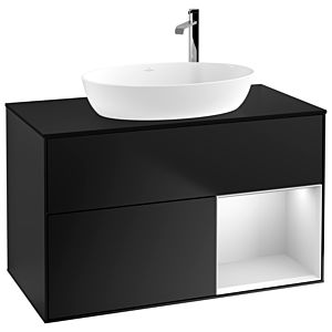 Villeroy und Boch Finion Waschtischunterschrank G902MTPD 100cm, Abdeckplatte black matt, Emotion, Regale White matt lacquer, Black matt lacquer