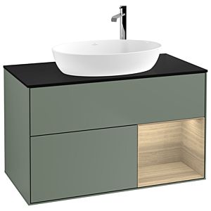 Villeroy und Boch Finion Waschtischunterschrank G902PCGM 100cm, Abdeckplatte black matt, Emotion, Regale Oak Veneer, Olive Matt Lacquer