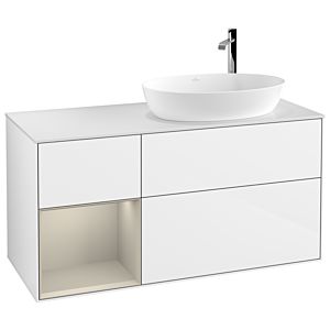 Villeroy und Boch Finion Waschtischunterschrank G921HHGF 120cm, Abdeckplatte white matt, Emotion, Regale sand matt lacquer, Glossy white lacquer