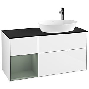 Villeroy und Boch Finion Waschtischunterschrank G922GMGF 120cm, Abdeckplatte black matt, Emotion, Regale Olive matt lacquer, Glossy white lacquer