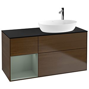Villeroy und Boch Finion Waschtischunterschrank G922GMGN 120cm, Abdeckplatte black matt, Emotion, Regale Olive matt lacquer, Walnut veneer