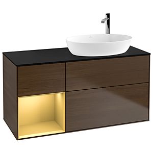 Villeroy und Boch Finion Waschtischunterschrank G922HFGN 120cm, Abdeckplatte black matt, Emotion, Regale Gold matt lacquer, Walnut veneer