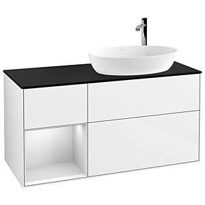 Villeroy et Boch Finion Villeroy et Boch G922MTGF 120cm, plaque de recouvrement noire mate, Emotion, étagères laqué blanc mat, laqué blanc brillant