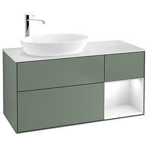 Villeroy und Boch Finion Waschtischunterschrank G931GFGM 120cm, Abdeckplatte white matt, Emotion, Regale Glossy white lacquer, Olive Matt Lacquer