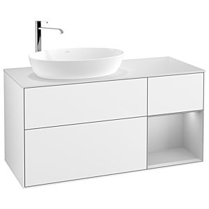 Villeroy und Boch Finion Waschtischunterschrank G931GJGF 120cm, Abdeckplatte white matt, Emotion, Regale Light grey matt lacquer, Glossy white lacquer