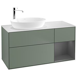 Villeroy und Boch Finion Waschtischunterschrank G931GKGM 120cm, Abdeckplatte white matt, Emotion, Regale Anthracite matt lacquer, Olive Matt Lacquer