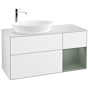 Villeroy et Boch Finion Villeroy et Boch G931GMGF 120cm, plaque de recouvrement blanc mat, Emotion, étagères laqué olive mat, laqué blanc brillant