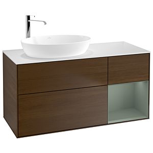 Villeroy und Boch Finion Waschtischunterschrank G931GMGN 120cm, Abdeckplatte white matt, Emotion, Regale Olive matt lacquer, Walnut veneer