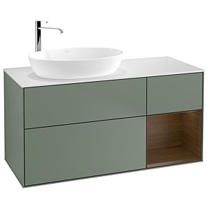 Villeroy und Boch Finion Waschtischunterschrank G931GNGM 120cm, Abdeckplatte white matt, Emotion, Regale Walnut Veneer, Olive Matt Lacquer