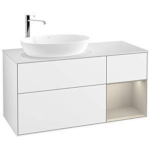 Villeroy und Boch Finion Waschtischunterschrank G931HHGF 120cm, Abdeckplatte white matt, Emotion, Regale sand matt lacquer, Glossy white lacquer