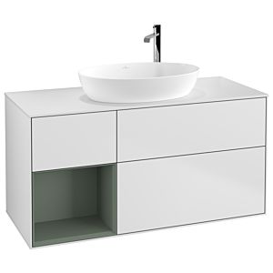Villeroy und Boch Finion Waschtischunterschrank G941GMMT 120cm, Abdeckplatte white matt, Emotion, Regale Olive matt lacquer, White matt lacquer