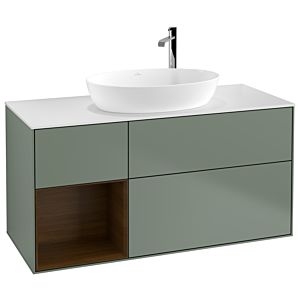 Villeroy und Boch Finion Waschtischunterschrank G941GNGM 120cm, Abdeckplatte white matt, Emotion, Regale Walnut Veneer, Olive Matt Lacquer