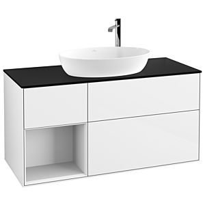 Villeroy und Boch Finion Waschtischunterschrank G942GFGF 120cm, Abdeckplatte black matt, Emotion, Regale Glossy white lacquer, Glossy white lacquer
