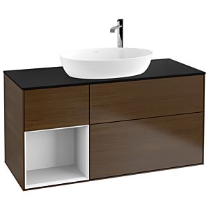 Villeroy und Boch Finion Waschtischunterschrank G942GFGN 120cm, Abdeckplatte black matt, Emotion, Regale Glossy white lacquer, Walnut veneer