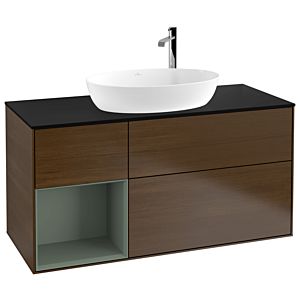 Villeroy und Boch Finion Waschtischunterschrank G942GMGN 120cm, Abdeckplatte black matt, Emotion, Regale Olive matt lacquer, Walnut veneer