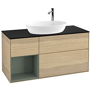 Villeroy und Boch Finion Waschtischunterschrank G942GMPC 120cm, Abdeckplatte black matt, Emotion, Regale Olive matt lacquer, Oak Veneer