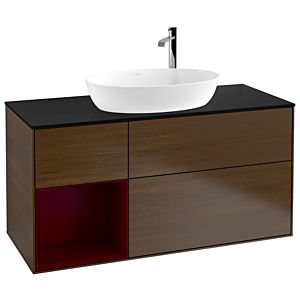 Villeroy und Boch Finion Waschtischunterschrank G942HBGN 120cm, Abdeckplatte black matt, Emotion, Regale Peony matt lacquer, Walnut veneer