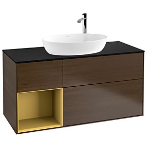 Villeroy und Boch Finion Waschtischunterschrank G942HFGN 120cm, Abdeckplatte black matt, Emotion, Regale Gold matt lacquer, Walnut veneer