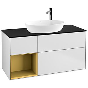 Villeroy et Boch Finion Villeroy et Boch G942HFMT 120cm, plaque de recouvrement noir mat, Emotion, étagères laqué or mat, laqué blanc mat