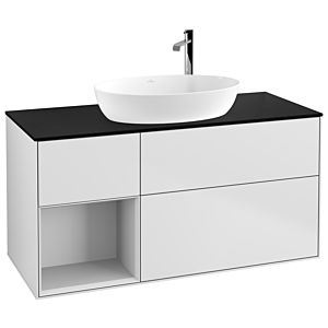 Villeroy et Boch Finion Villeroy et Boch G942MTMT 120cm, plaque de recouvrement noir mat, Emotion, étagères laqué blanc mat, laqué blanc mat