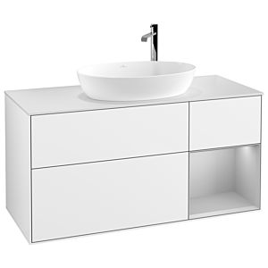 Villeroy und Boch Finion Waschtischunterschrank G951GJGF 120cm, Abdeckplatte white matt, Emotion, Regale Light grey matt lacquer, Glossy white lacquer