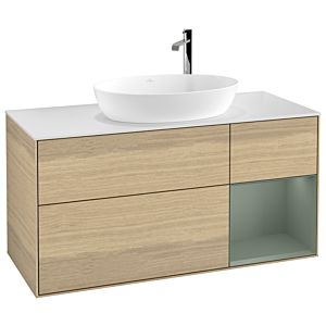 Villeroy und Boch Finion Waschtischunterschrank G951GMPC 120cm, Abdeckplatte white matt, Emotion, Regale Olive matt lacquer, Oak Veneer