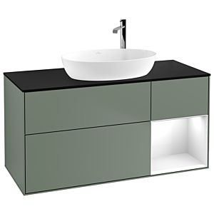Villeroy und Boch Finion Waschtischunterschrank G952GFGM 120cm, Abdeckplatte black matt, Emotion, Regale Glossy white lacquer, Olive Matt Lacquer