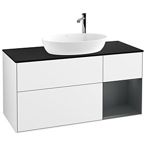 Villeroy und Boch Finion Waschtischunterschrank G952HGGF 120cm, Abdeckplatte black matt, Emotion, Regale Midnight matt lacquer, Glossy white lacquer