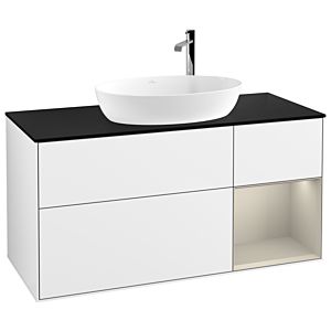 Villeroy und Boch Finion Waschtischunterschrank G952HHGF 120cm, Abdeckplatte black matt, Emotion, Regale sand matt lacquer, Glossy white lacquer