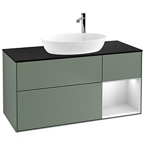 Villeroy et Boch Finion Villeroy et Boch G952MTGM 120cm, plaque de recouvrement noir mat, Emotion, étagères laqué blanc mat, Olive Matt Lacquer