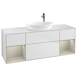 Villeroy und Boch Finion Waschtischunterschrank G981HHMT 160cm, Abdeckplatte white matt, Emotion, Regale sand matt lacquer, White matt lacquer