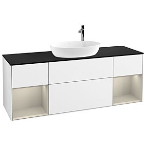 Villeroy und Boch Finion Waschtischunterschrank G982HHGF 160cm, Abdeckplatte black matt, Emotion, Regale sand matt lacquer, Glossy white lacquer