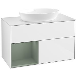 Villeroy et Boch Finion Villeroy et Boch GA11GMGF 100cm, plaque de recouvrement blanc mat, Emotion, étagères laqué olive mat, laqué blanc brillant