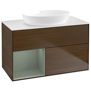 Villeroy et Boch Finion Villeroy et Boch GA11GMGN 100cm, plaque de recouvrement blanc mat, Emotion, étagères laqué olive mat, placage noyer