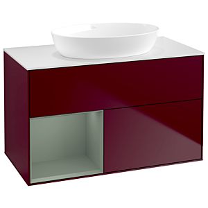 Villeroy und Boch Finion Waschtischunterschrank GA11GMHB 100cm, Abdeckplatte white matt, Emotion, Regale Olive matt lacquer, Peony Matt