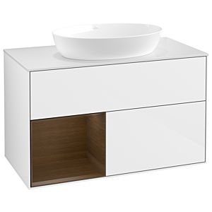 Villeroy und Boch Finion Waschtischunterschrank GA11GNGF 100cm, Abdeckplatte white matt, Emotion, Regale Walnut Veneer, Glossy white lacquer