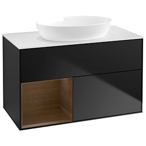 Villeroy und Boch Finion Waschtischunterschrank GA11GNPD 100cm, Abdeckplatte white matt, Emotion, Regale Walnut Veneer, Black matt lacquer