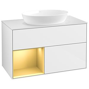 Villeroy et Boch Finion Villeroy et Boch GA11HFGF 100cm, plaque de recouvrement blanc mat, Emotion, étagères laqué or mat, laqué blanc brillant