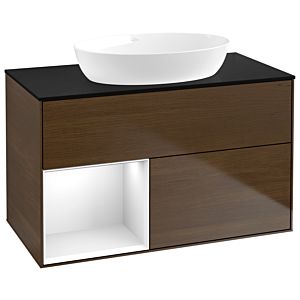 Villeroy und Boch Finion Waschtischunterschrank GA12GFGN 100cm, Abdeckplatte black matt, Emotion, Regale Glossy white lacquer, Walnut veneer