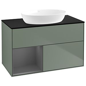 Villeroy und Boch Finion Waschtischunterschrank GA12GKGM 100cm, Abdeckplatte black matt, Emotion, Regale Anthracite matt lacquer, Olive Matt Lacquer